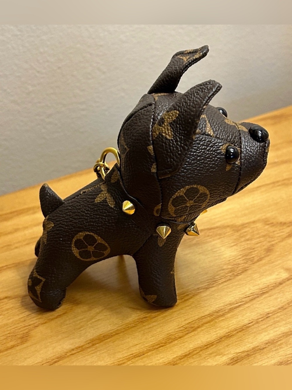 Designer-Style Brown Dog Keychain with Gold Studs